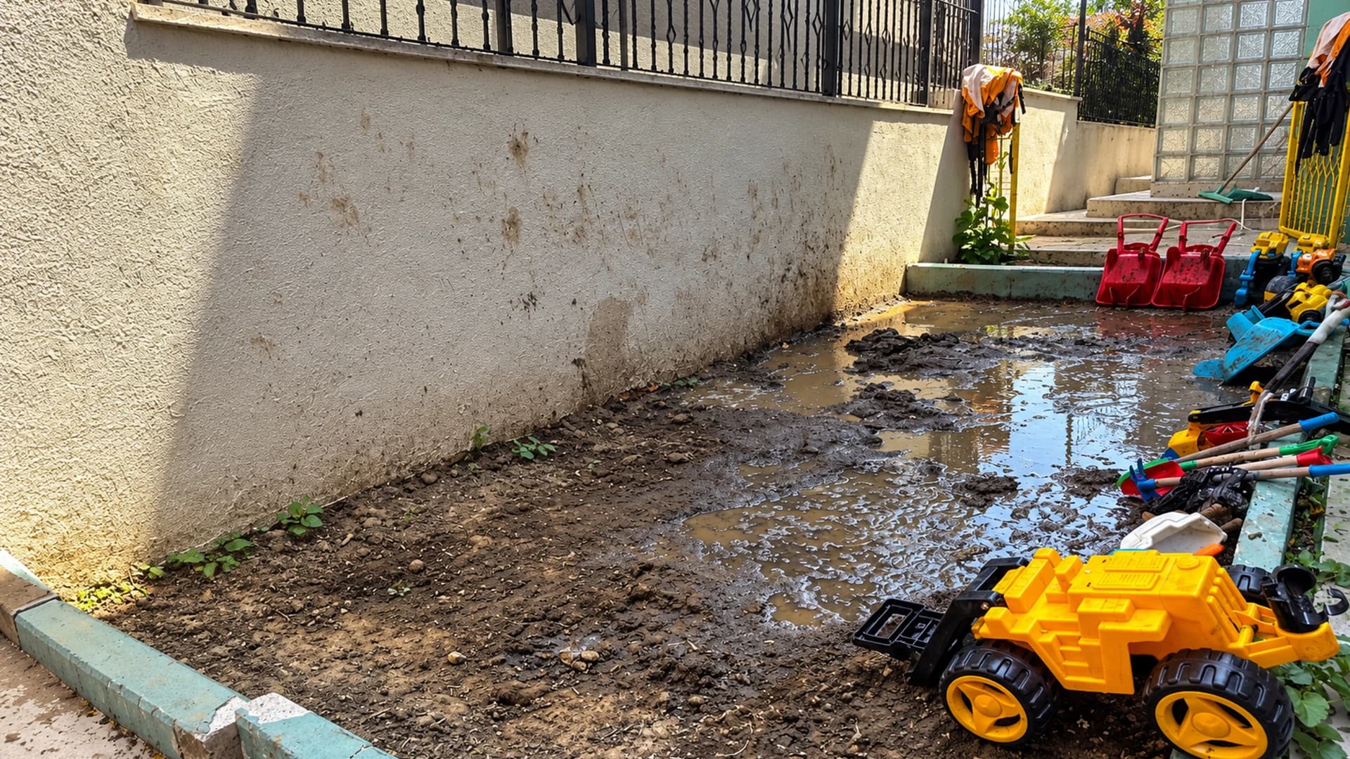 مركبة بناء صفراء صغيرة في مساحة لعب طينية فيها برك ماء، مع دلاء ومجارف ملونة على الحافة.